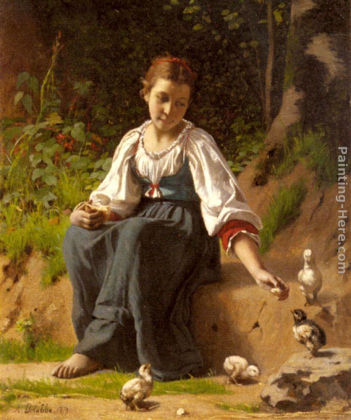 Francois Alfred Delobbe A Young Girl feeding Baby Chicks